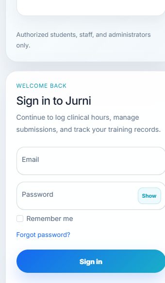 Jurni's public sign-in screen for its clinical records workspace