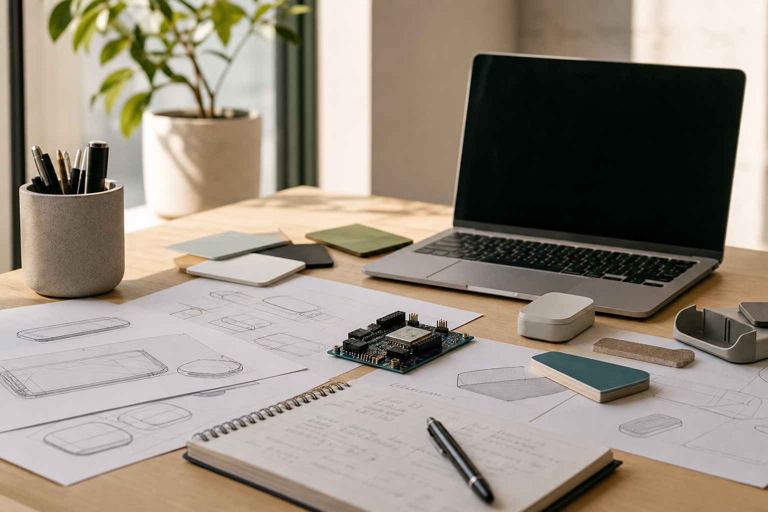 Workbench with product sketches, prototype materials and a small circuit board